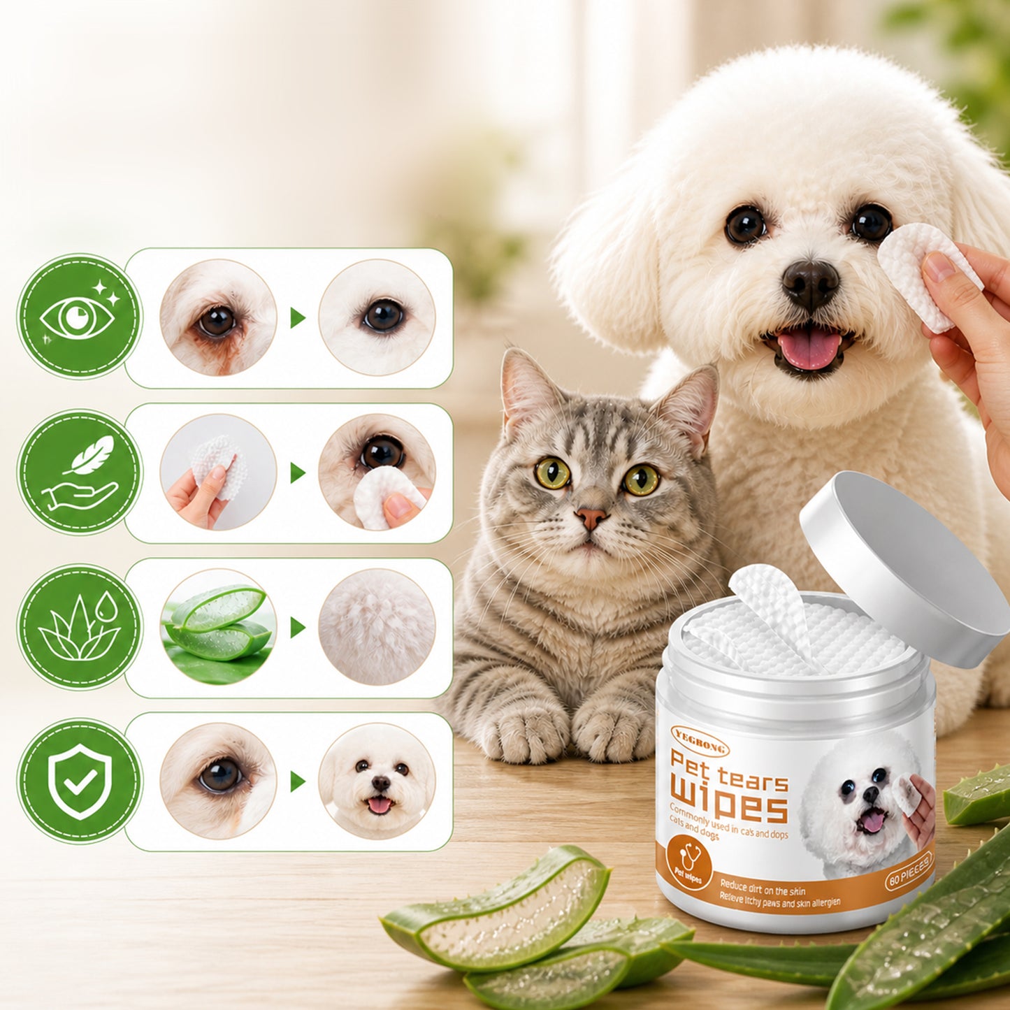 Yegbong Aloe Vera Pet Eye Wipes for Dogs and Cats