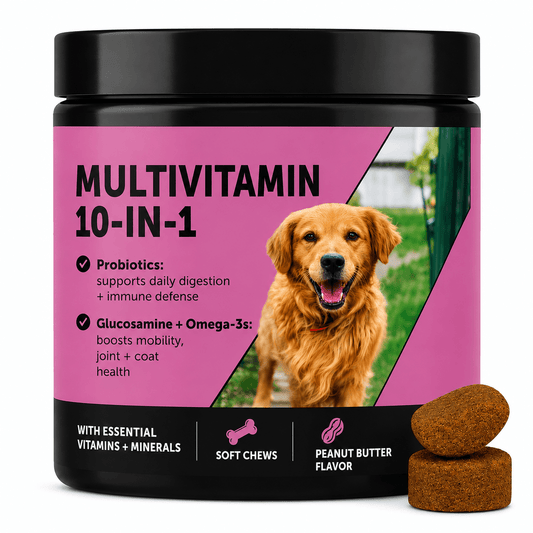 10-in-1 Dog Multivitamin Chews – Glucosamine, Probiotics & Omega-3, Joint, Digestive & Immune Support, Peanut Butter Flavor