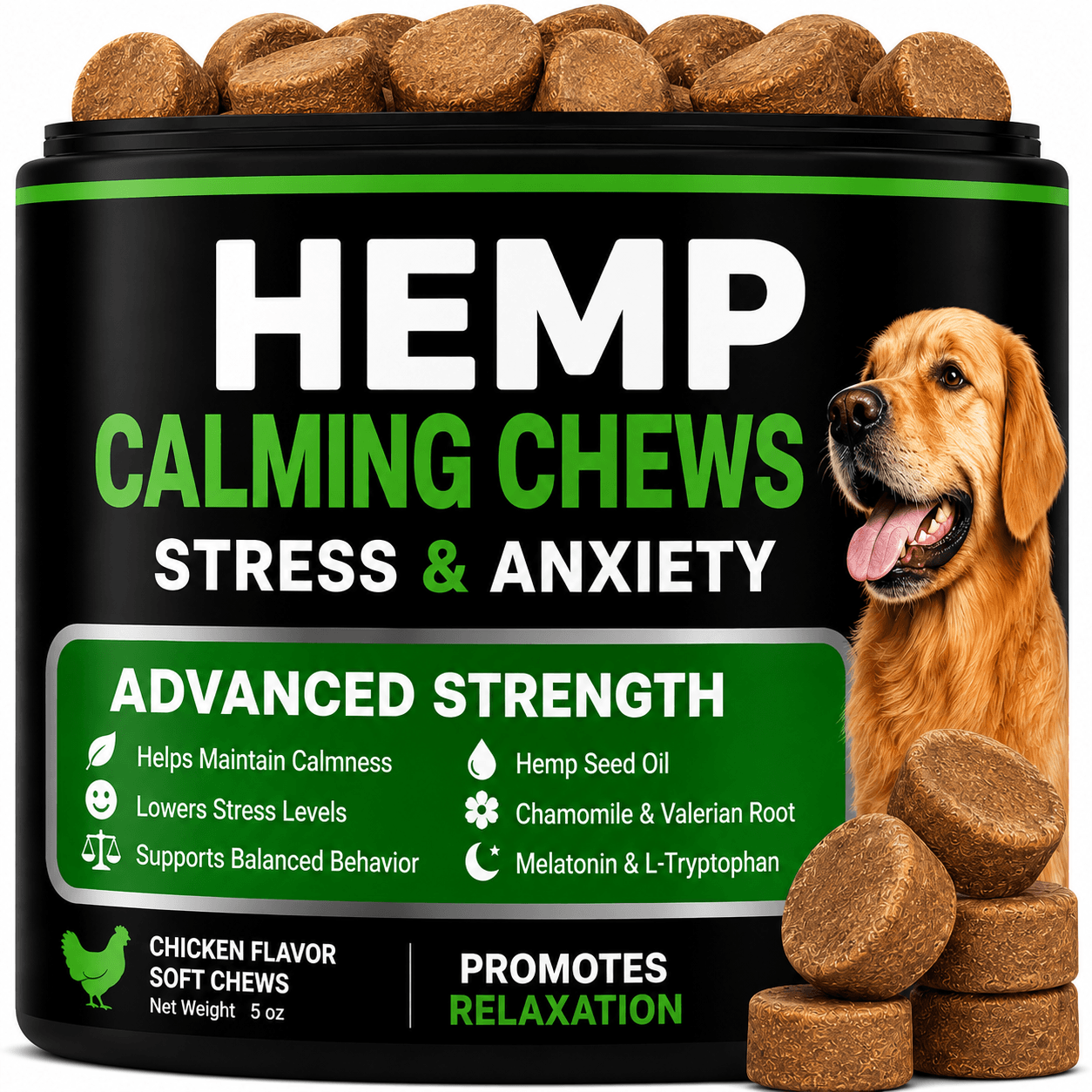 Advanced Calming Chews For Dogs – Relaxation & Wellness Support With Hemp Oil & Melatonin