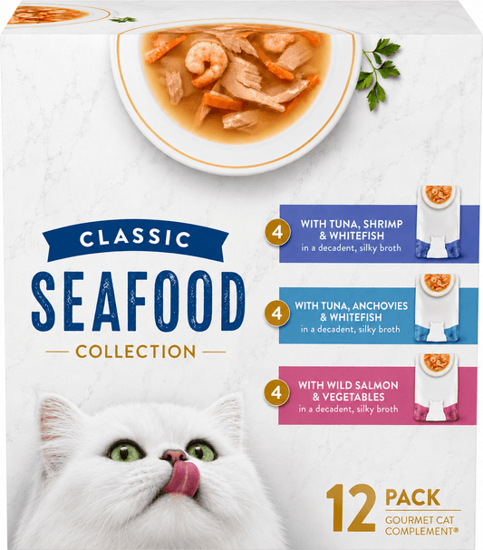 Classic Seafood Wet Cat Food Broth – Moisture-Rich Meal Topper, 1.4 oz, 12-Pack
