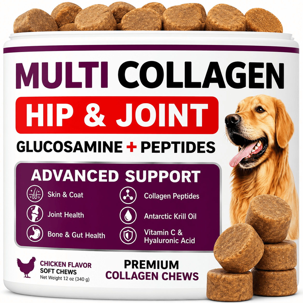 Collagen Chews For Dogs – Hip, Joint & Skin Support With Multi-Collagen Peptides, 170 Count