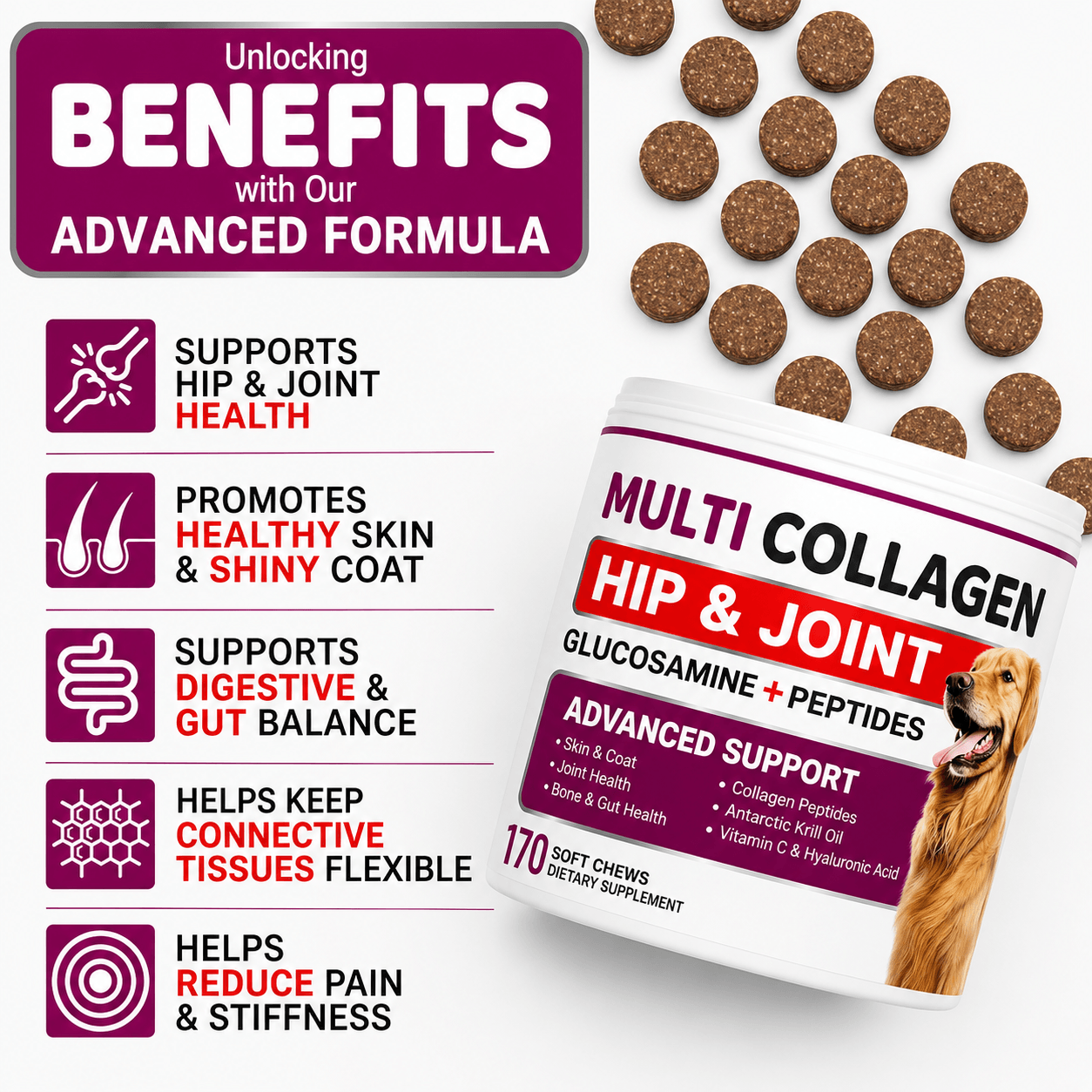 Collagen Chews For Dogs – Hip, Joint & Skin Support With Multi-Collagen Peptides, 170 Count