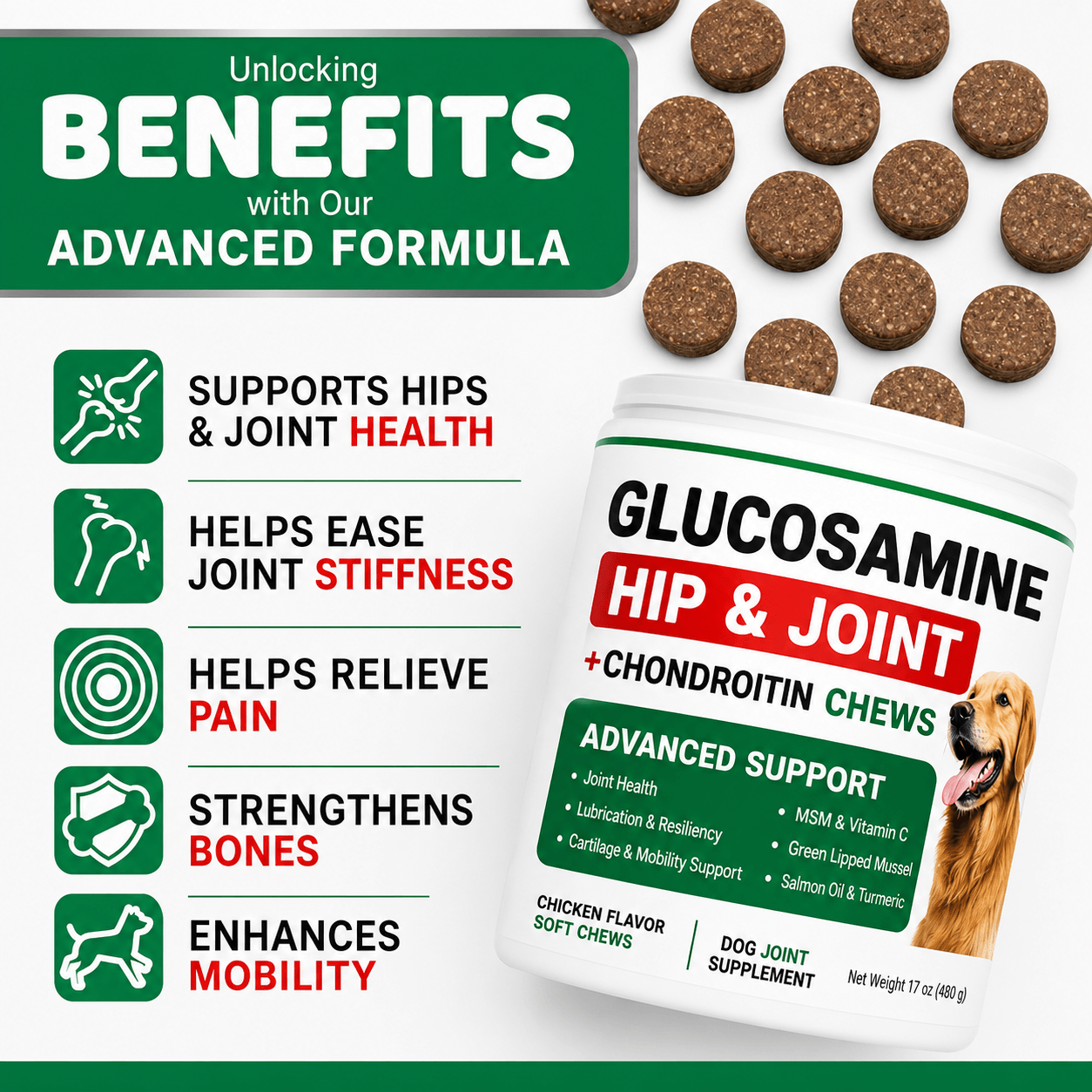 Glucosamine Chews For Dogs – Hip & Joint Support With Glucosamine, Chondroitin & MSM, 240 Count