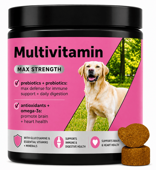 Max Strength Dog Multivitamin Chews – 15-in-1 Vitamins With Glucosamine, Probiotics & Omega-3, Salmon Flavor