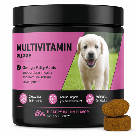 Puppy Multivitamin Chews – DHA, Omega-3 & Probiotics, Growth, Brain & Immune Support, Hickory Bacon Flavor