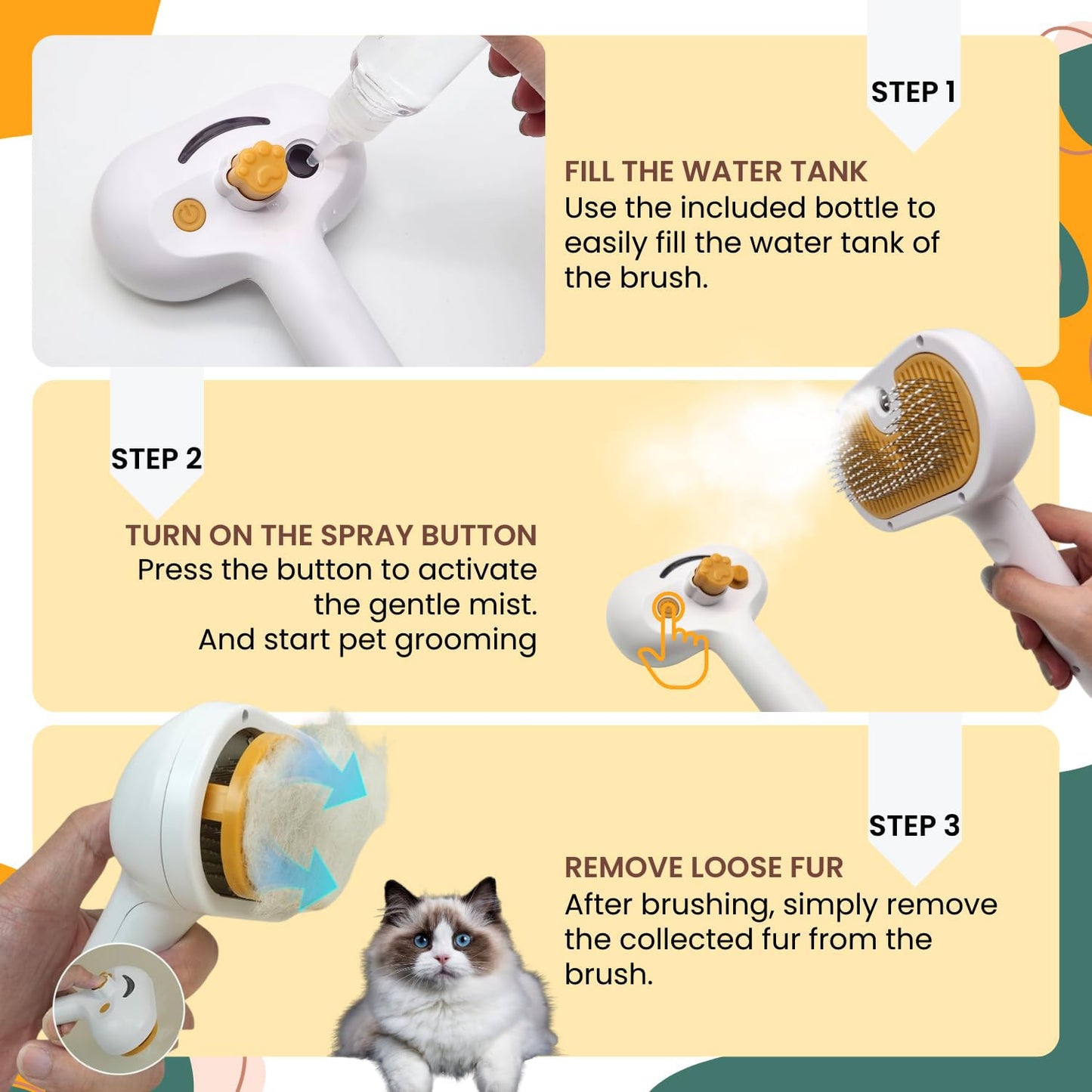 Water & Steam Grooming Brush for Cats and Dogs – Self-Cleaning Slicker Brush with Spray